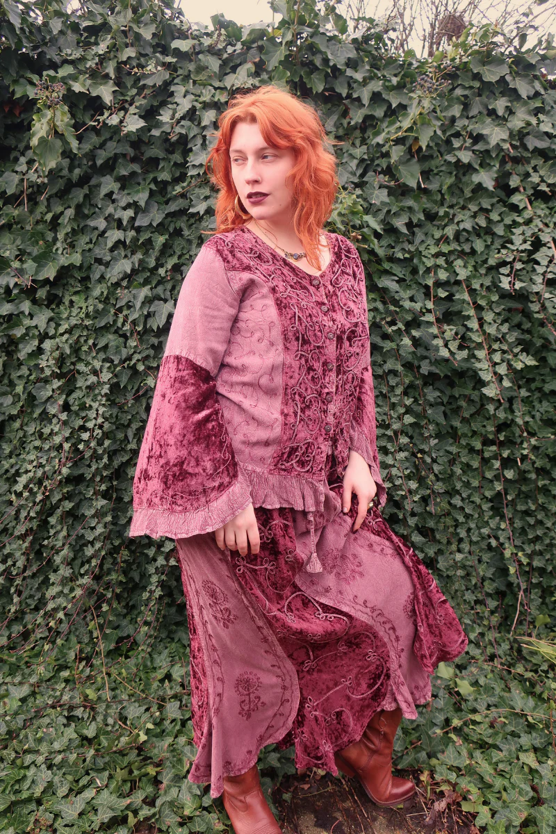 Embroidered Velvet Handkerchief Midi Skirt in Midnight Mauve - Image 3