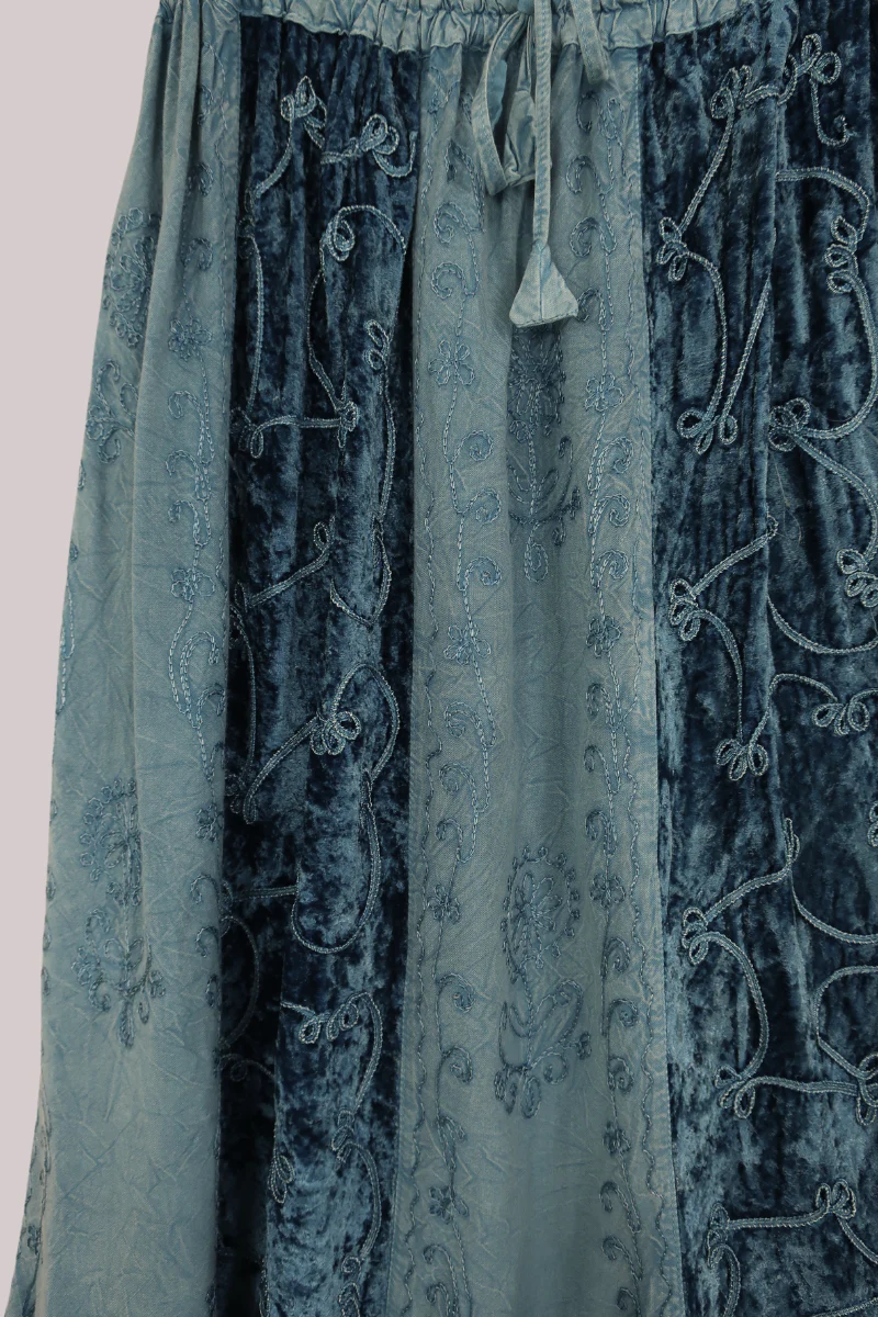 Embroidered Velvet Handkerchief Midi Skirt in Oceanic Blue - Image 3