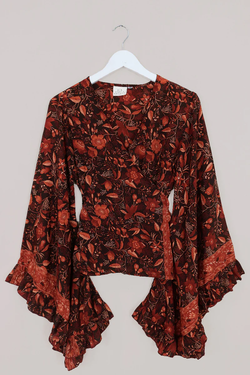 Venus Folklore Floral Long Wrap Top in Cedar Red - Image 2