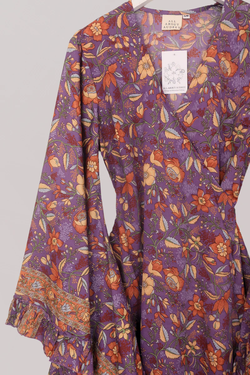 Venus Folklore Floral Mini Wrap Dress in Hibiscus Purple - Image 3