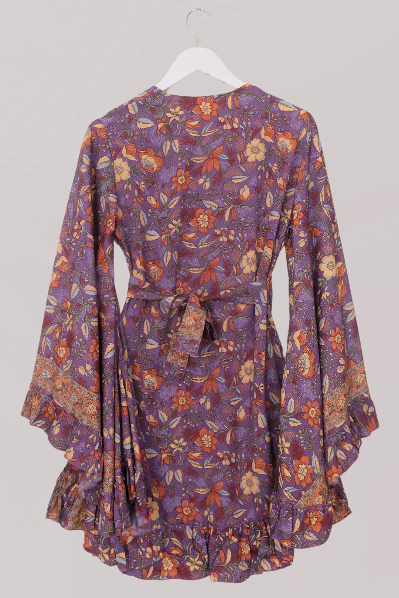 Venus Folklore Floral Mini Wrap Dress in Hibiscus Purple - Image 4
