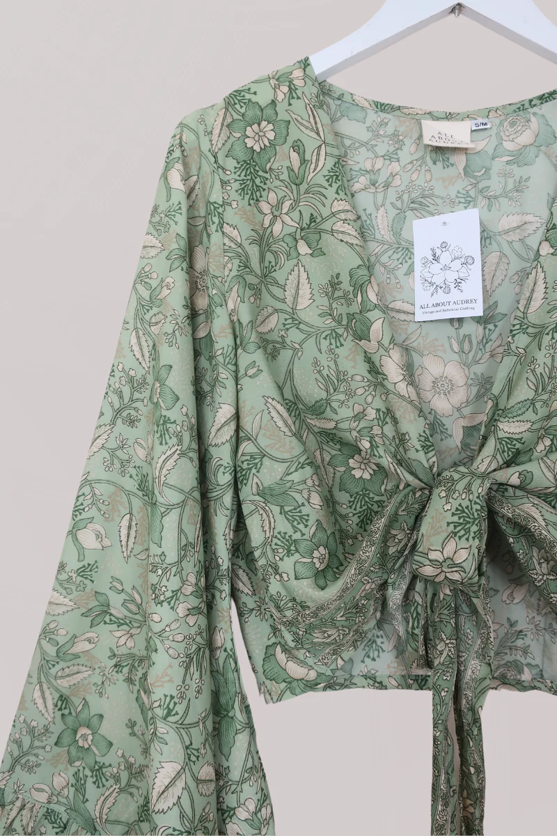 Venus Folklore Floral Wrap Top in Bamboo Green - Image 3