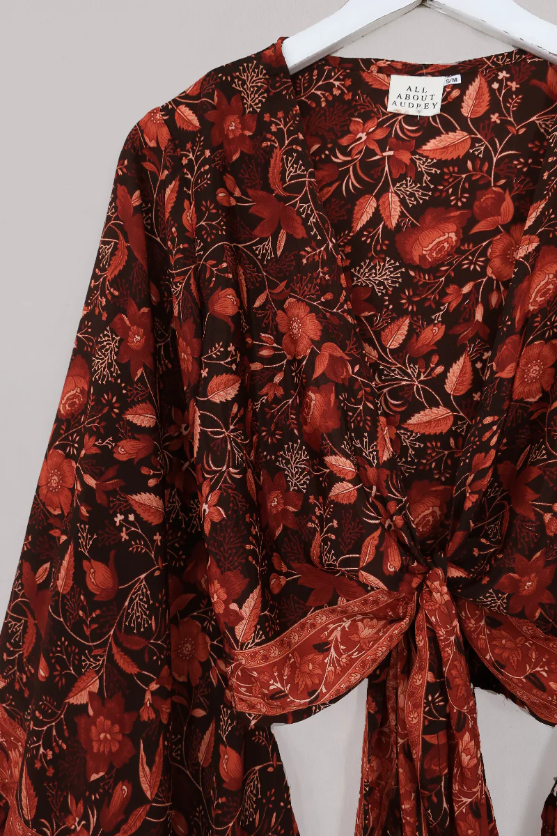 Venus Folklore Floral Wrap Top in Cedar Red - Image 3