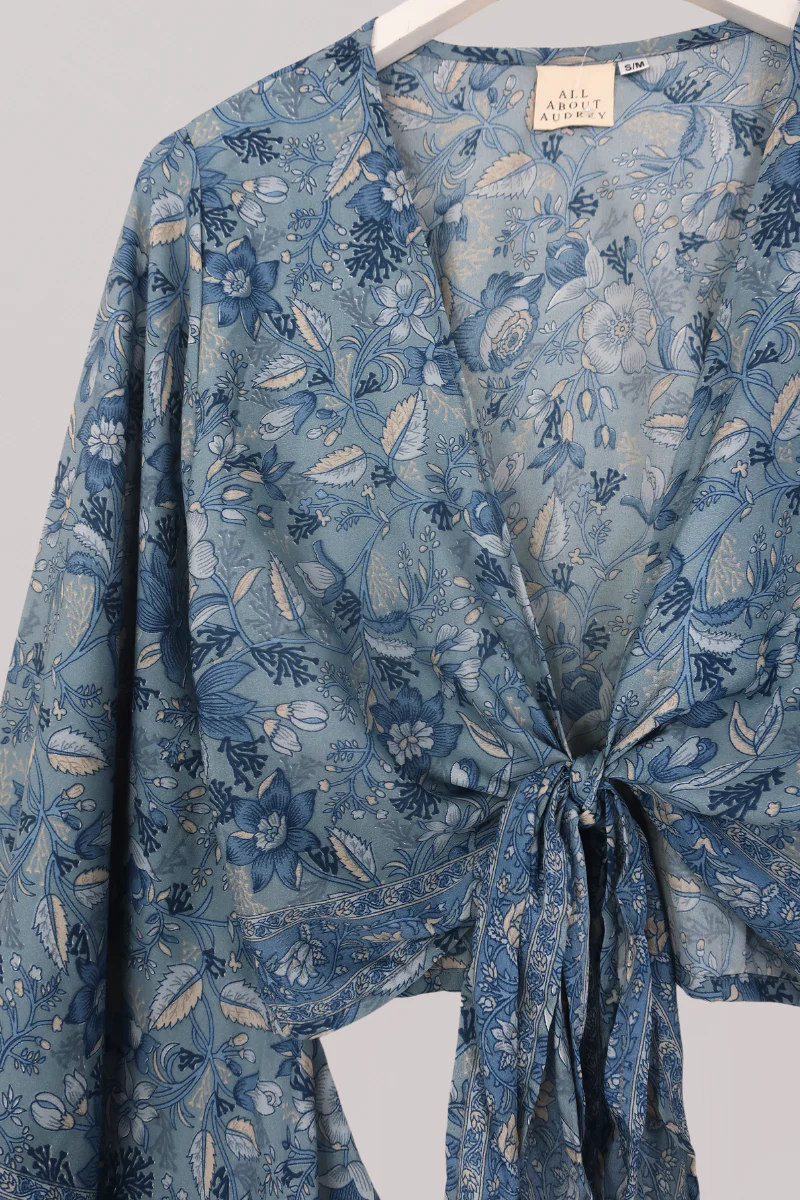 Venus Folklore Floral Wrap Top in Forget-Me-Not Blue - Image 3