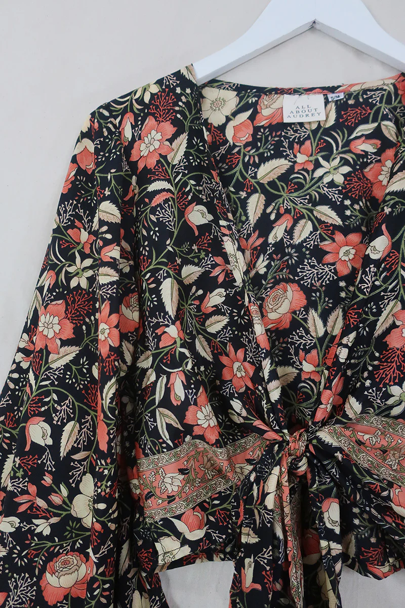 Venus Folklore Floral Wrap Top in Hemlock Black - Image 4