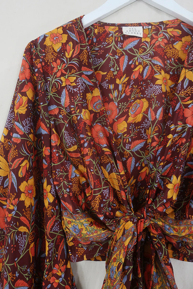 Venus Folklore Floral Wrap Top in Mahogany Brown - Image 3