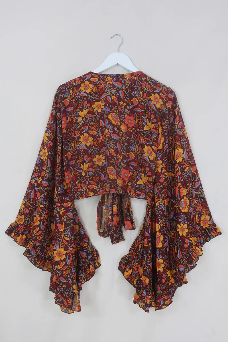 Venus Folklore Floral Wrap Top in Mahogany Brown - Image 4