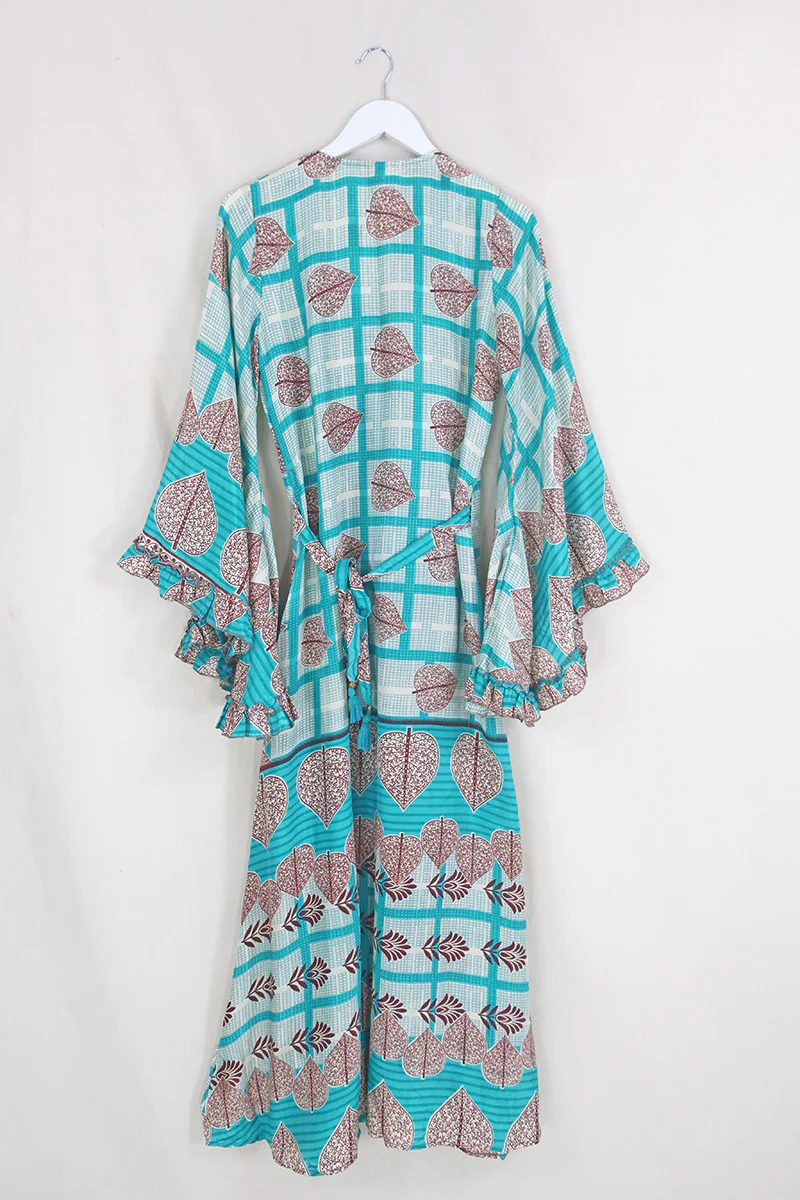 Venus Maxi Wrap Dress - Mulberry Leaf Teal Trellis - Size M - Image 3