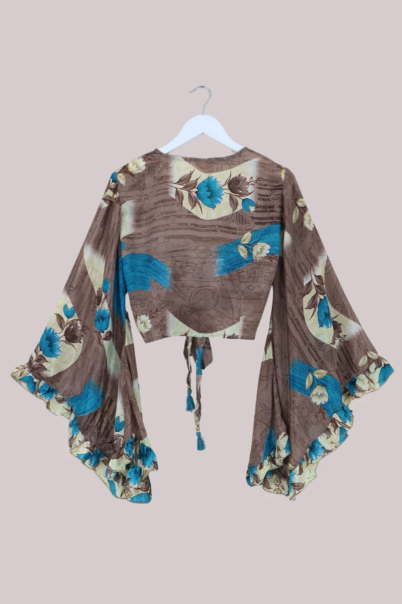 Venus Recycled Sari Wrap Top in Abstract Cedar & Teal Florals - Size S/M - Image 3