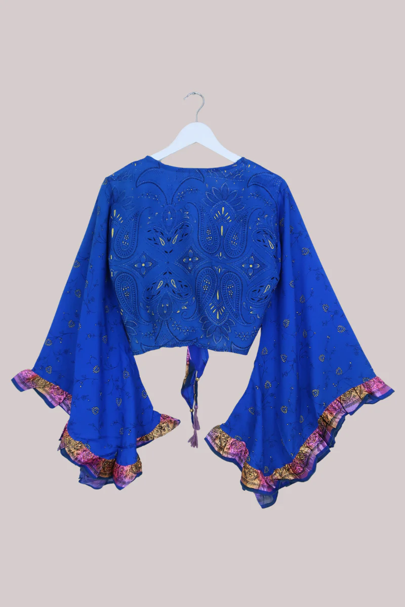 Venus Recycled Sari Wrap Top in Blue Diamond Floral - Size M/L - Image 3