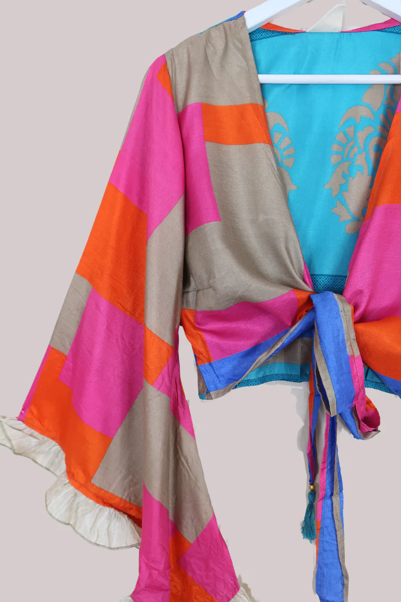 Venus Recycled Sari Wrap Top in Charlie Chalk Patchwork - Size S/M - Image 2