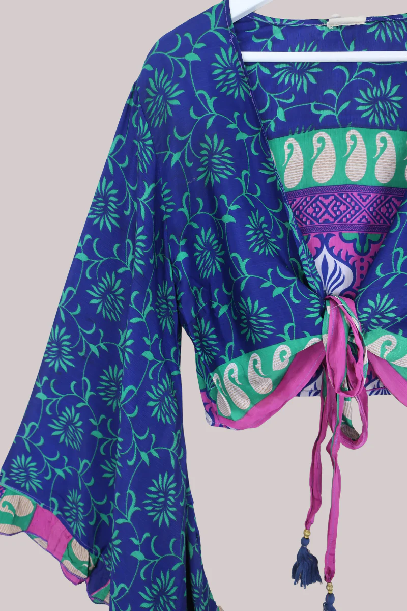 Venus Recycled Sari Wrap Top in Cobalt & Green Floral - Size M/L - Image 2
