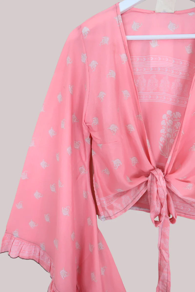 Venus Recycled Sari Wrap Top in Coral Pink Flowerbeds - Size S/M - Image 2