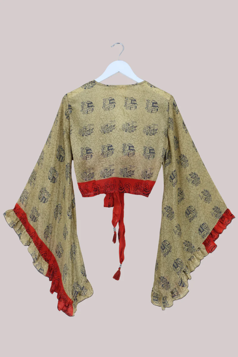 Venus Recycled Sari Wrap Top in Crimson & Gold Elephants - Size M/L - Image 3