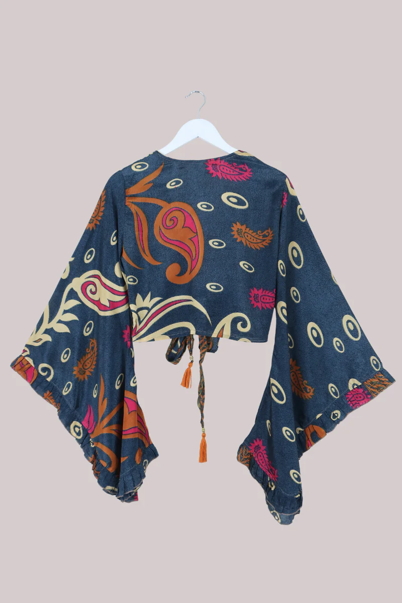 Venus Recycled Sari Wrap Top in Mercury Blue Paisley - Size S/M - Image 3
