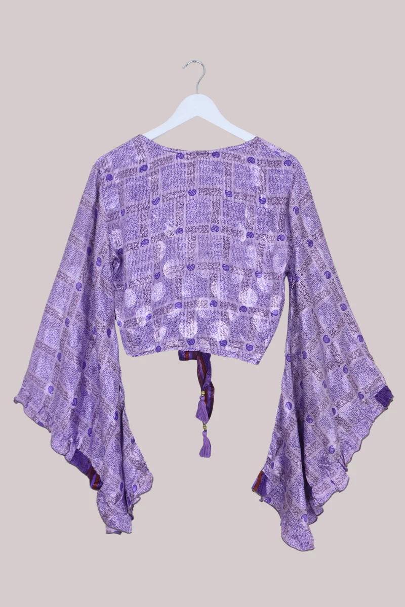 Venus Recycled Sari Wrap Top in Monochrome Purple Ivy Tiles - Size S/M - Image 3