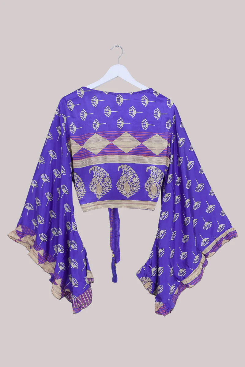 Venus Recycled Sari Wrap Top in Periwinkle Blue Dandelion Seeds - Size M/L - Image 3