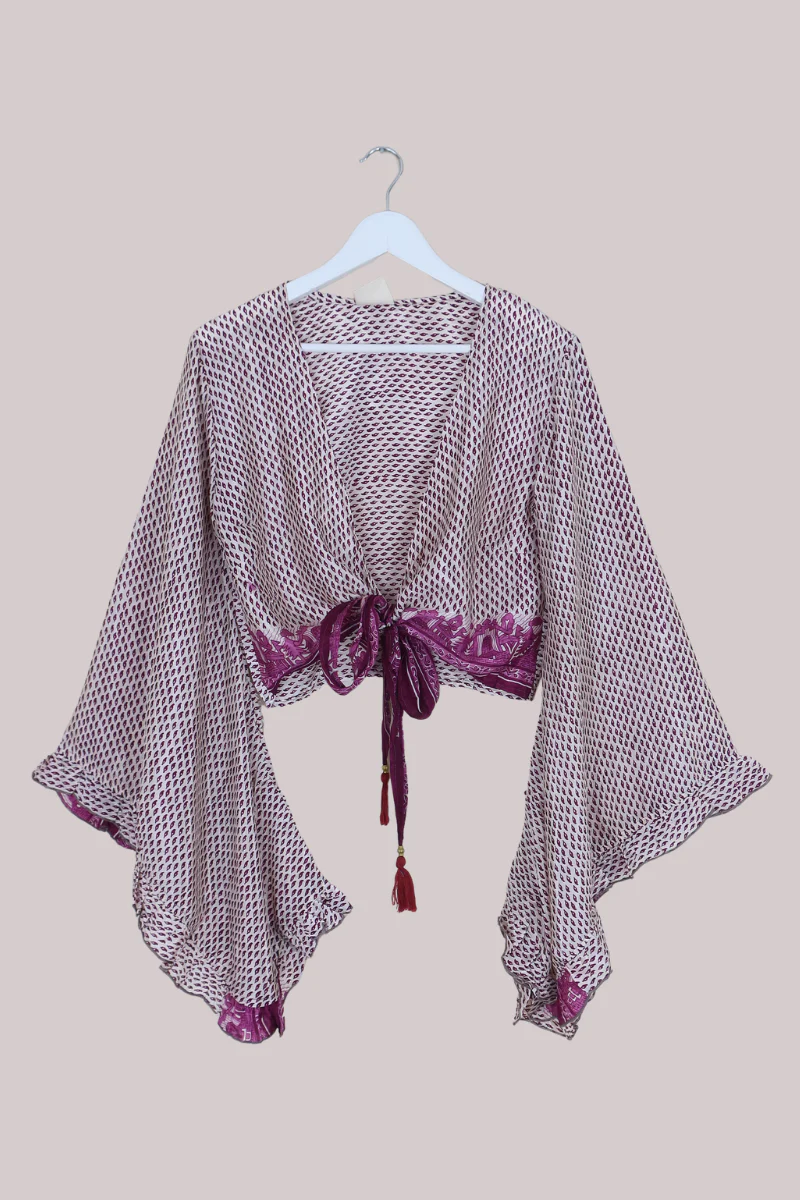 Venus Recycled Sari Wrap Top in Plum Purple Falling Leaves - Size S/M
