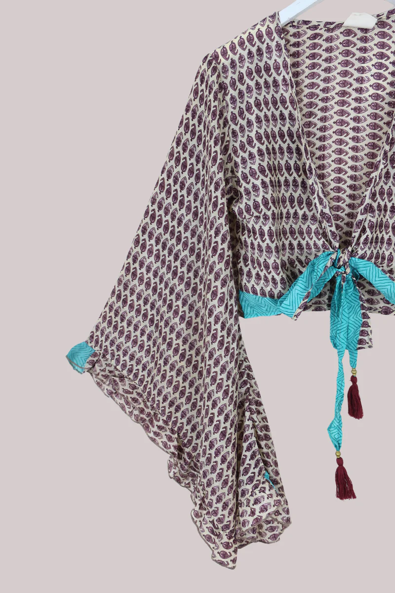 Venus Recycled Sari Wrap Top in Plum Wine Floral Motif - Size S/M - Image 2