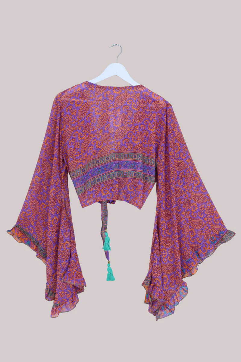 Venus Recycled Sari Wrap Top in Sheer Violet & Orange Floral - Size M/L - Image 3