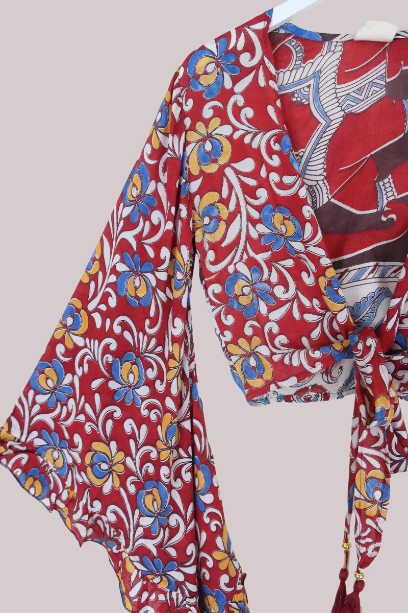 Venus Vintage Cotton Wrap Top in Abstract Paisley Elephant - Size XS - Image 2