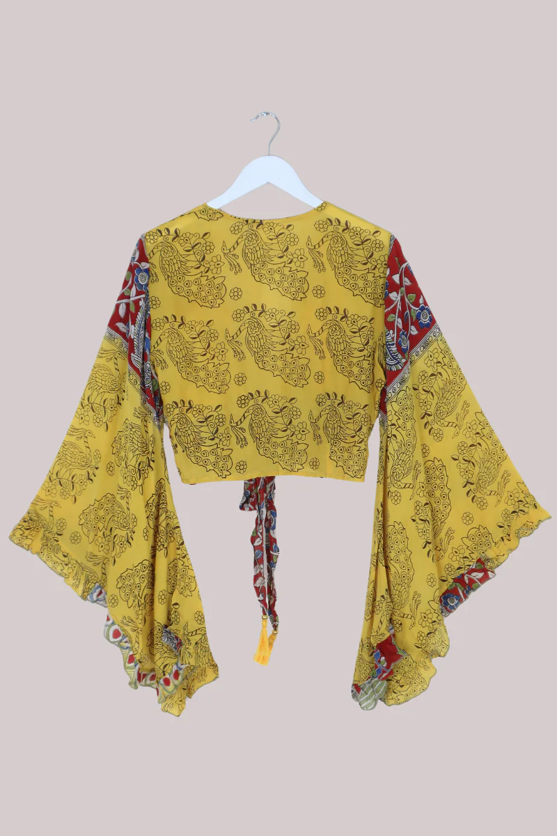 Venus Vintage Cotton Wrap Top in Dandelion Peacocks - Size S/M - Image 3