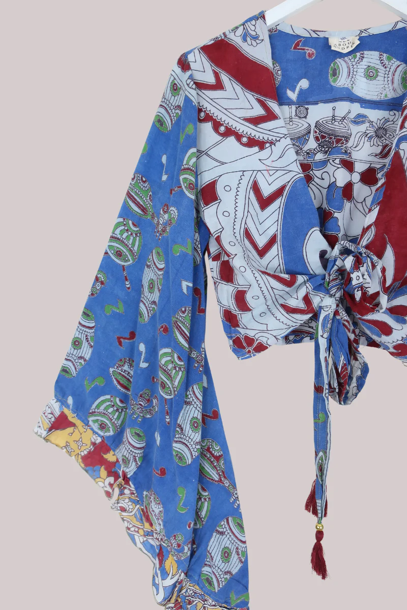 Venus Vintage Cotton Wrap Top in Drumbeat Blues - Size M/L - Image 2