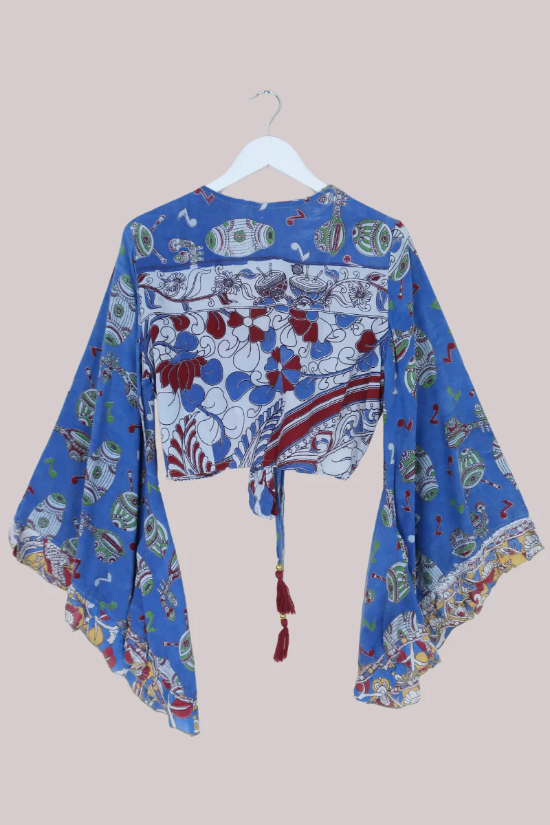 Venus Vintage Cotton Wrap Top in Drumbeat Blues - Size M/L - Image 3