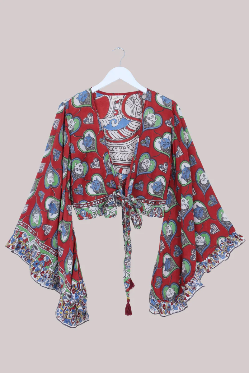 Venus Vintage Cotton Wrap Top in Garnet Faces - Size M/L