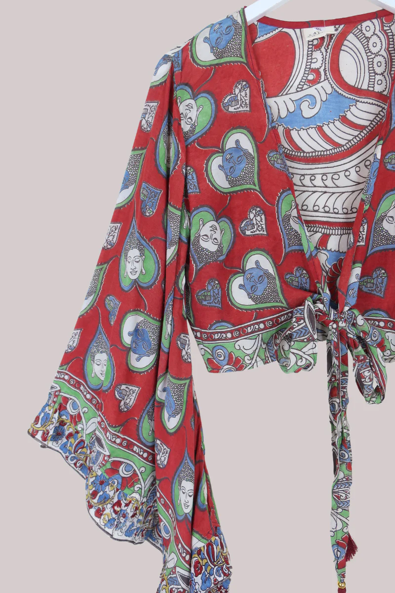 Venus Vintage Cotton Wrap Top in Garnet Faces - Size M/L - Image 2