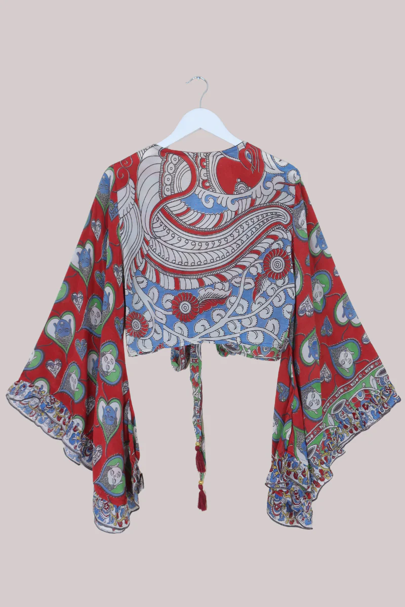 Venus Vintage Cotton Wrap Top in Garnet Faces - Size M/L - Image 3
