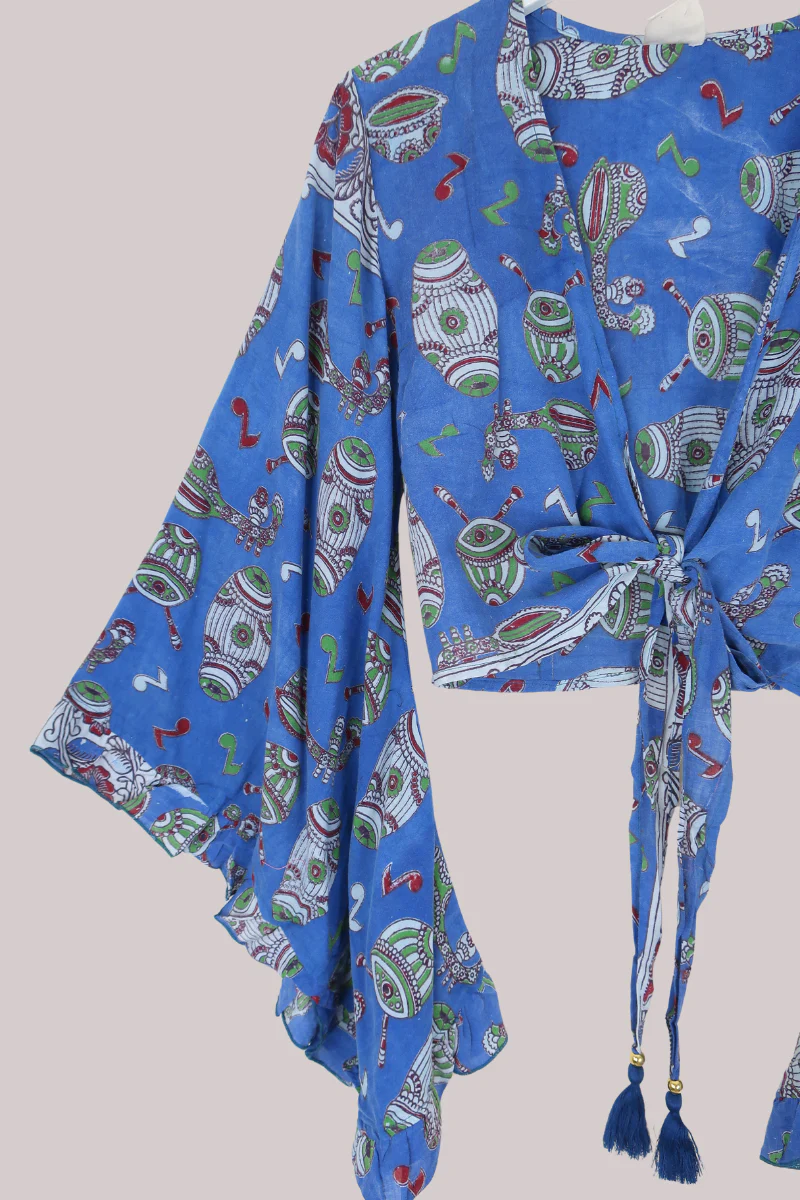 Venus Vintage Cotton Wrap Top in Musical Blues - Size S/M - Image 2