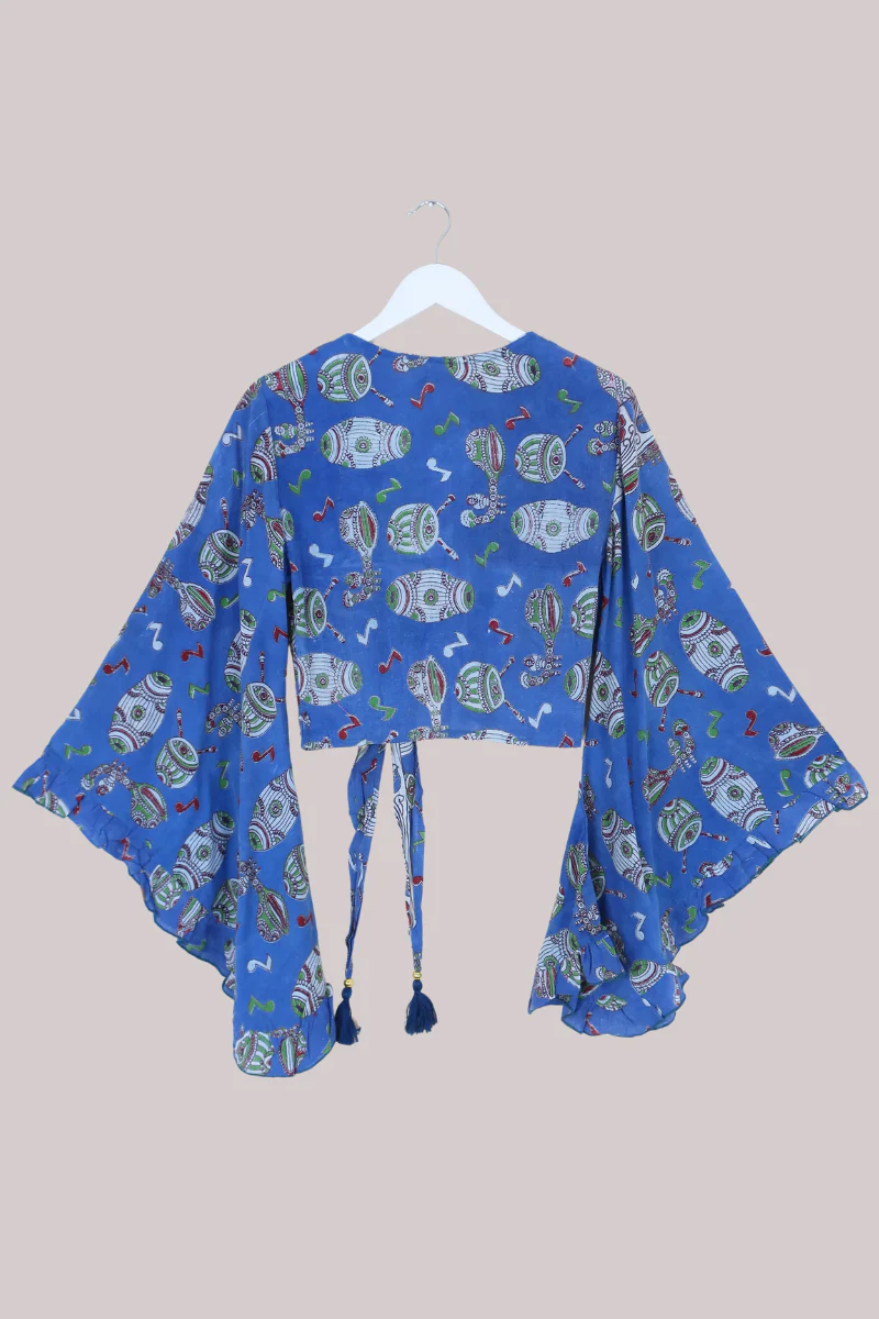 Venus Vintage Cotton Wrap Top in Musical Blues - Size S/M - Image 3