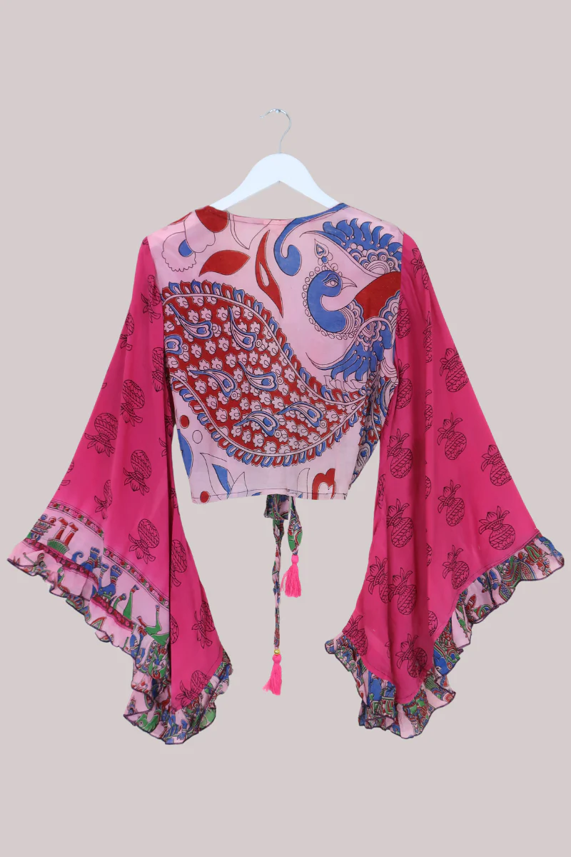 Venus Vintage Cotton Wrap Top in Pink Peacock - Size S/M - Image 2