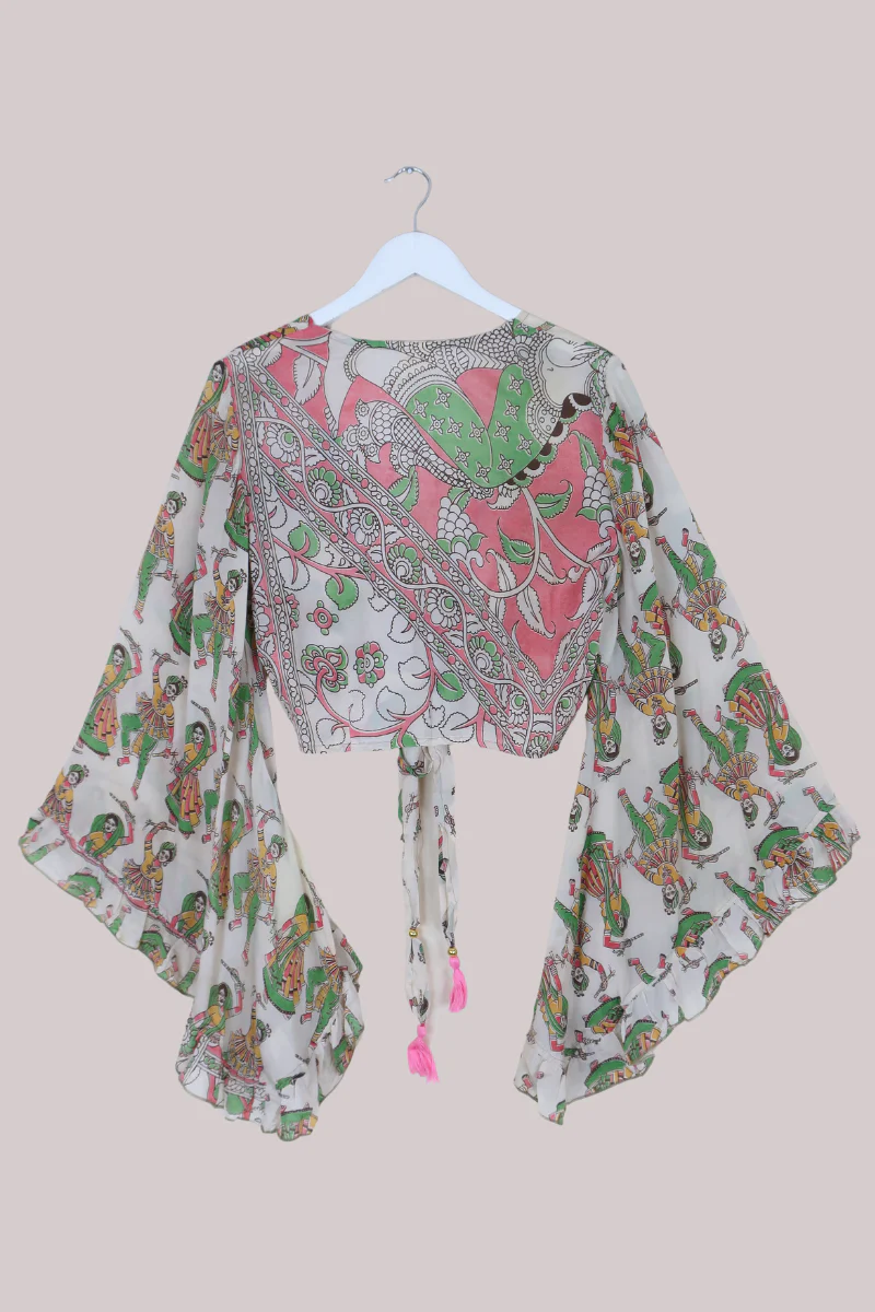 Venus Vintage Cotton Wrap Top in Sage & Pink Tapestry - Size S/M - Image 3