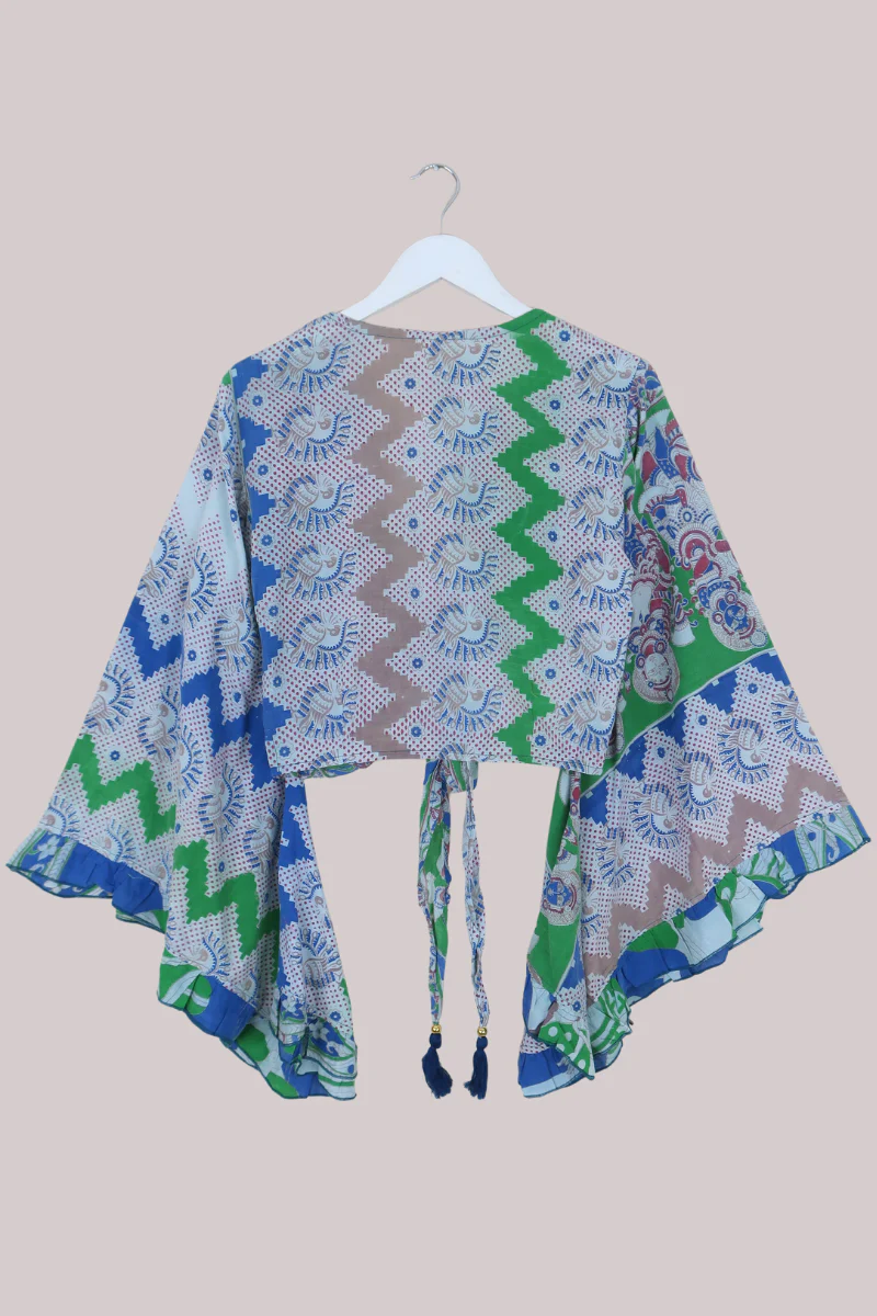 Venus Vintage Cotton Wrap Top in Waterlily Peacocks - Size M/L - Image 3
