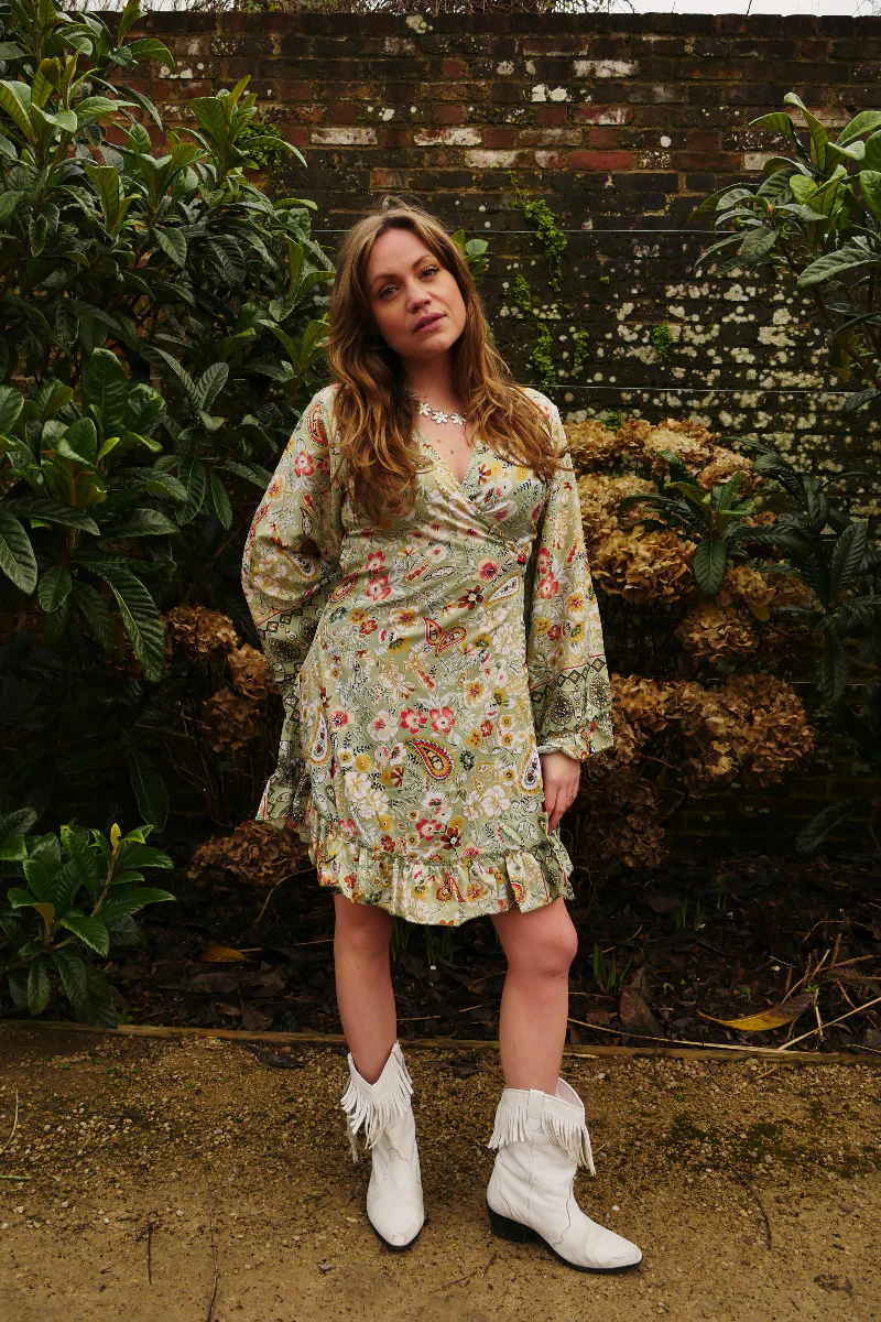 Venus Mini Wrap Dress in Porcelain Green Floral - Image 3