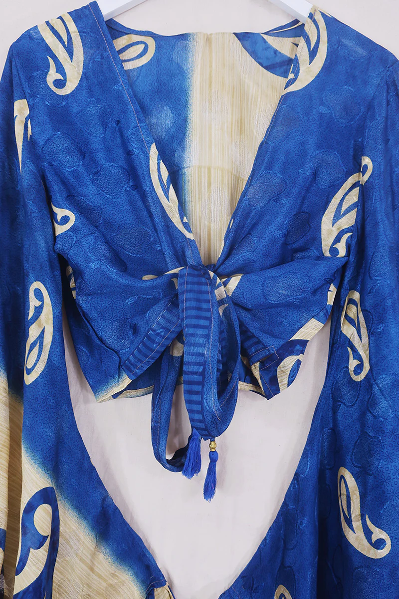 Venus Wrap Top - Sheer Deep Blue & Beige - Vintage Sari - Size S/M - Image 4