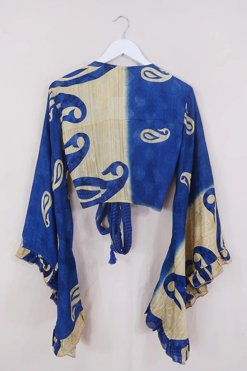 Venus Wrap Top - Sheer Deep Blue & Beige - Vintage Sari - Size S/M - Image 5