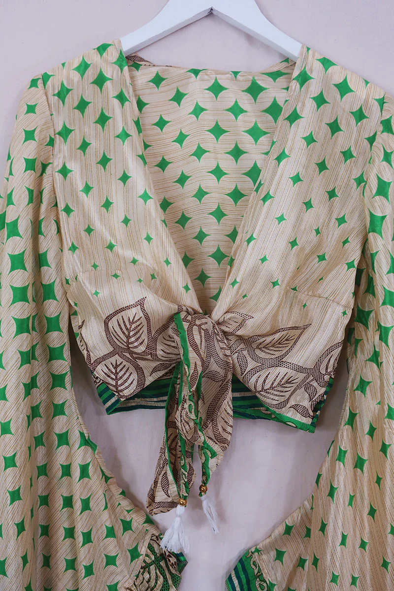 Venus Wrap Top - Green & Gold Harlequin - Vintage Sari - Size S/M - Image 3