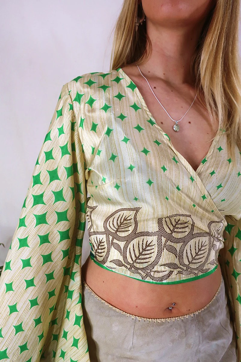 Venus Wrap Top - Green & Gold Harlequin - Vintage Sari - Size S/M - Image 4