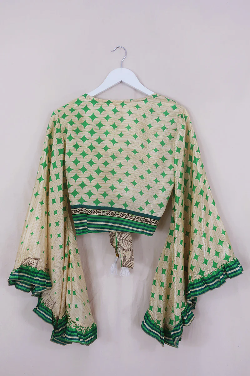 Venus Wrap Top - Green & Gold Harlequin - Vintage Sari - Size S/M - Image 6