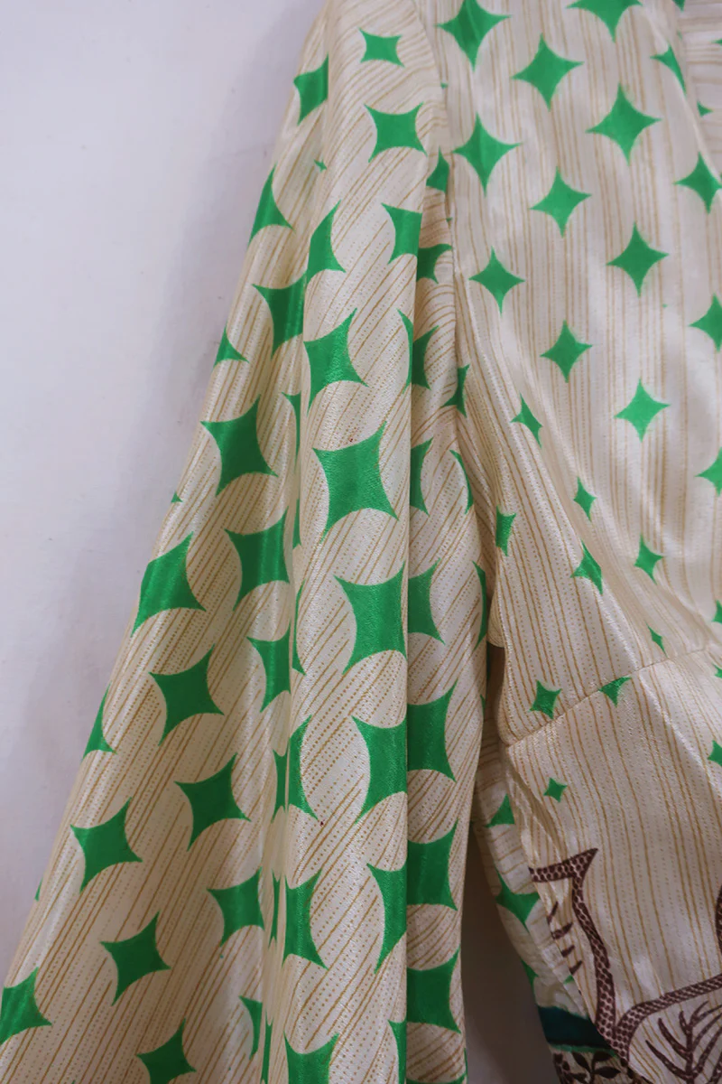 Venus Wrap Top - Green & Gold Harlequin - Vintage Sari - Size S/M - Image 7