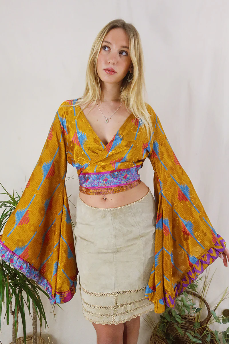 Venus Wrap Top - Amber, Blue & Magenta - Vintage Sari - Size XS - Image 3