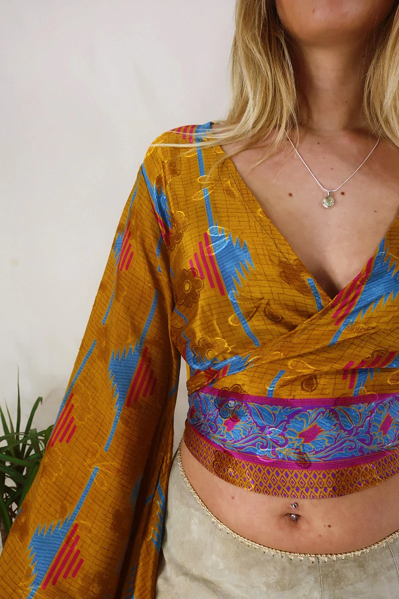 Venus Wrap Top - Amber, Blue & Magenta - Vintage Sari - Size XS - Image 4