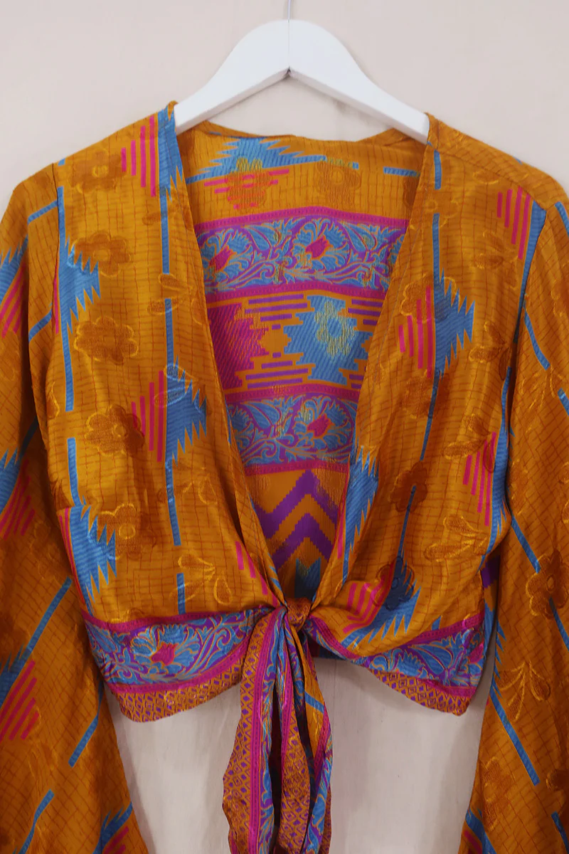 Venus Wrap Top - Amber, Blue & Magenta - Vintage Sari - Size XS - Image 7