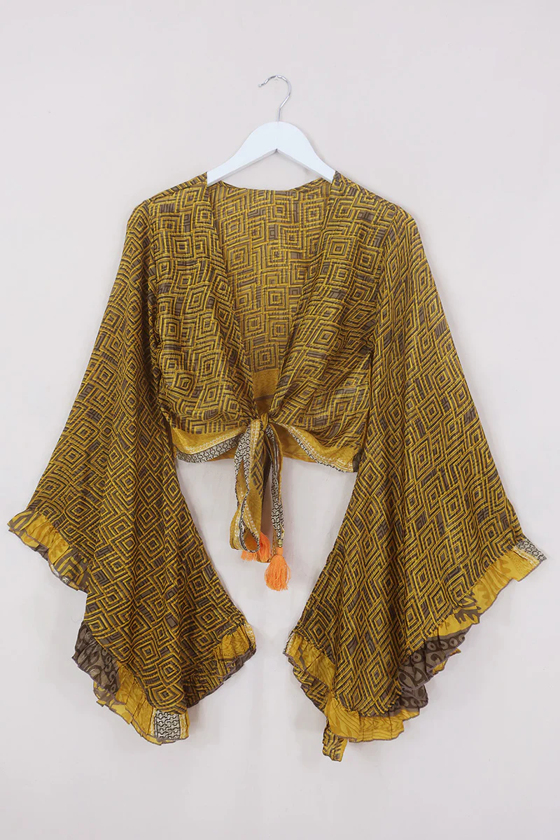 Venus Wrap Top - Sunflower & Walnut Geometric - Vintage Sari - Size XS - Image 4