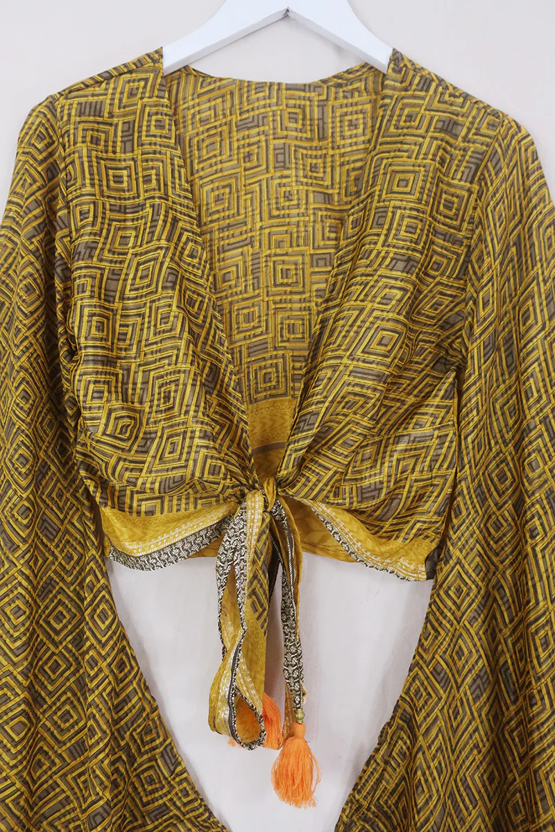 Venus Wrap Top - Sunflower & Walnut Geometric - Vintage Sari - Size XS - Image 5