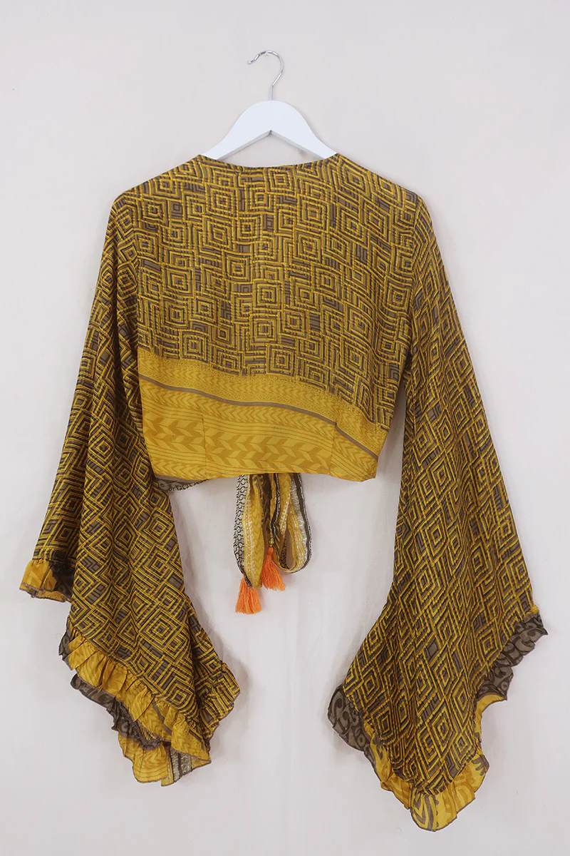Venus Wrap Top - Sunflower & Walnut Geometric - Vintage Sari - Size XS - Image 7
