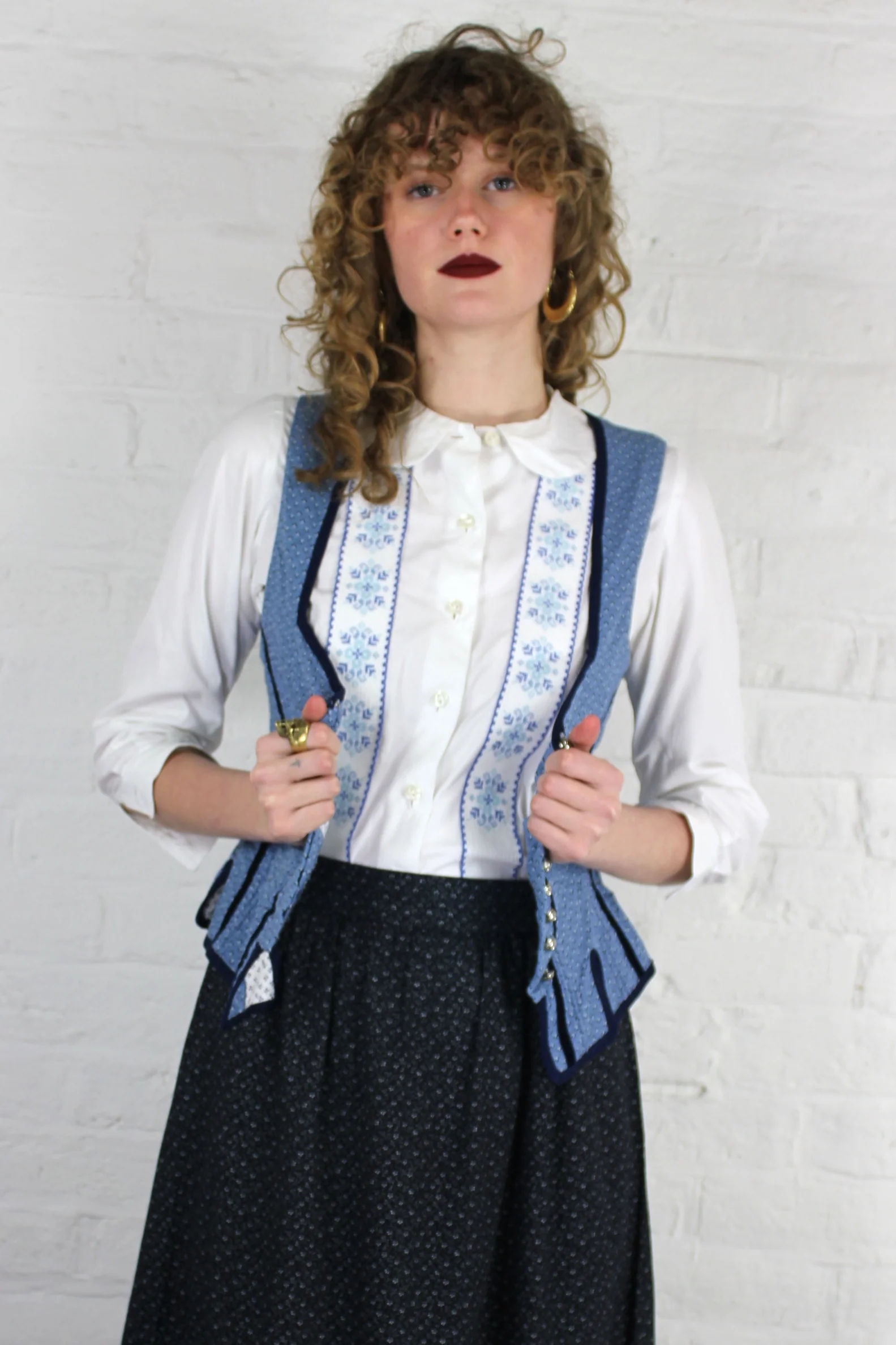 Vintage 70s Bavarian Style Shirt in White With Blue Cross Stitch Design - S - Image 2